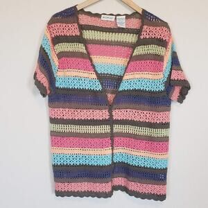 Vintage Stripe Crochet Short Sleeve Cardigan Women's Large‎ Coastal Grandma
